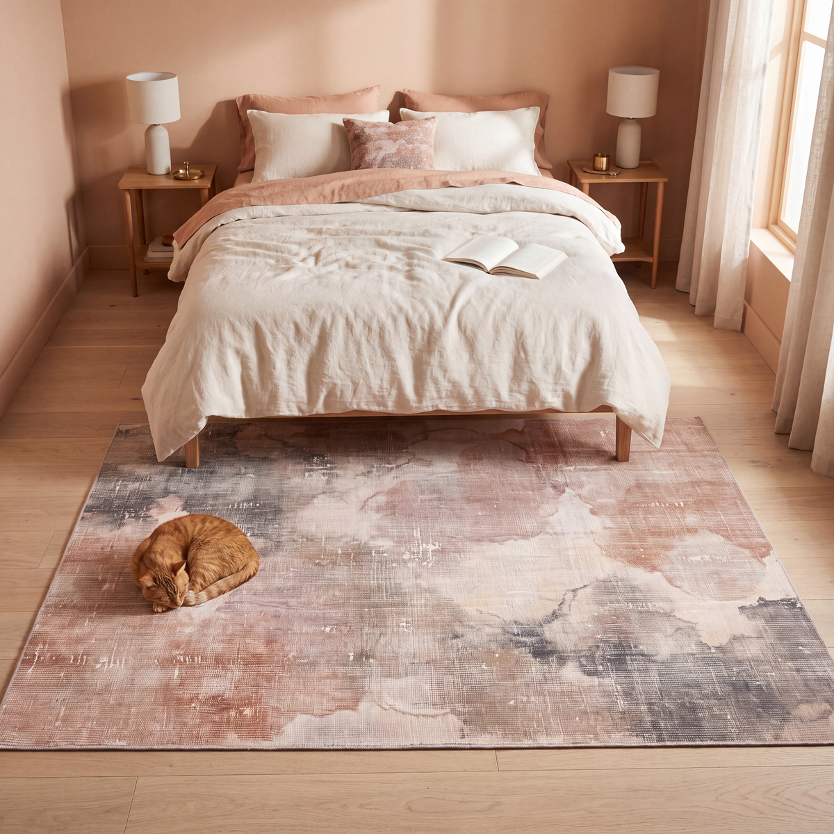 The rug at the foot of a bed with a cat asleep on it.
