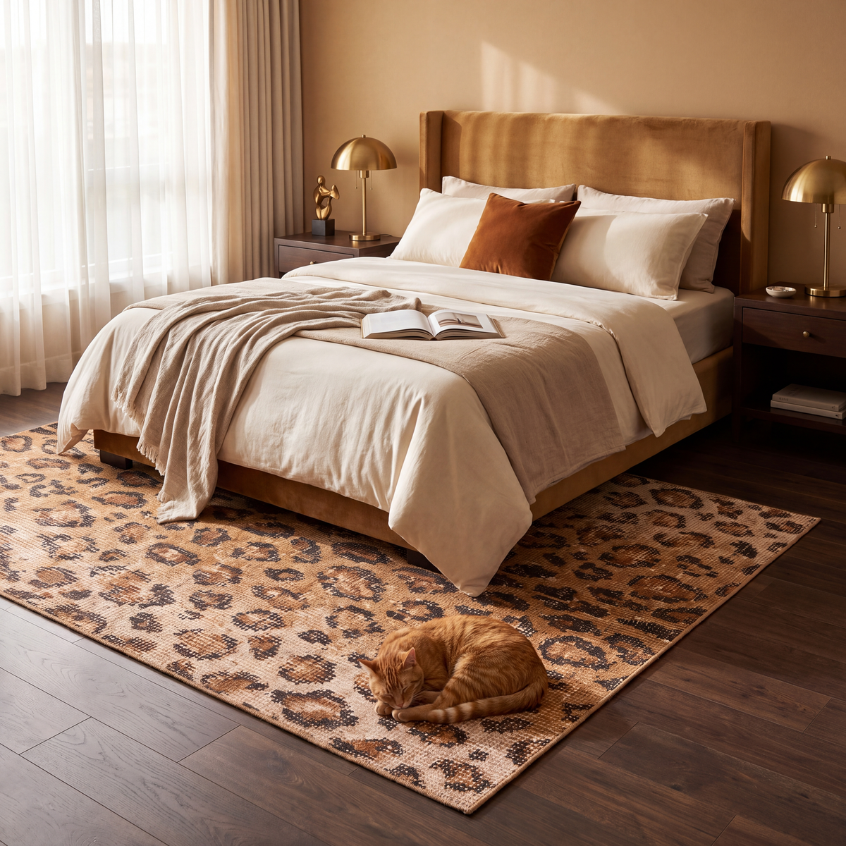 The rug at the foot of a bed with a cat asleep on it.