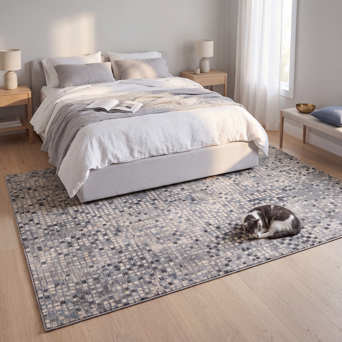 The rug at the foot of a bed with a cat asleep on it.