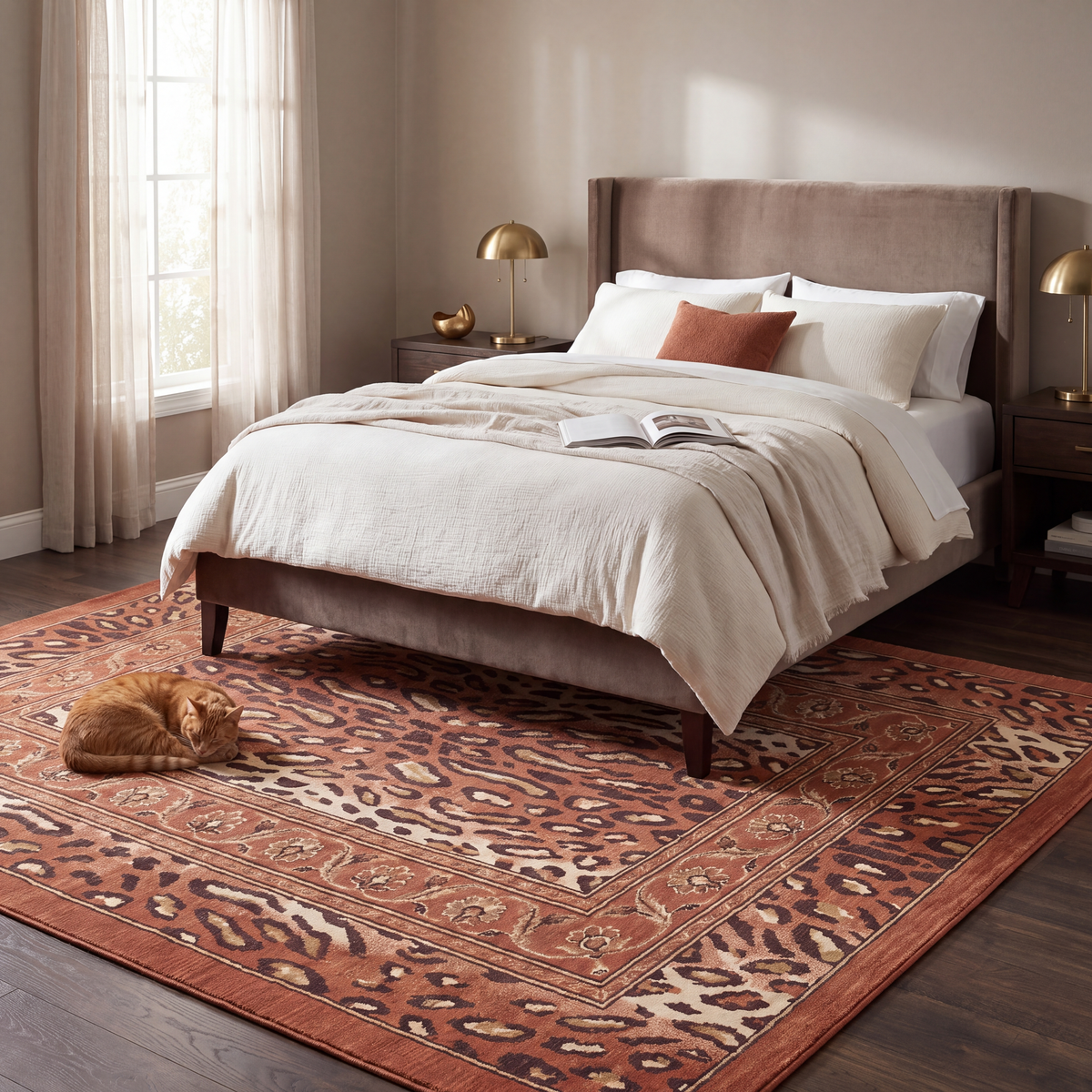 The rug at the foot of a bed with a cat asleep on it.
