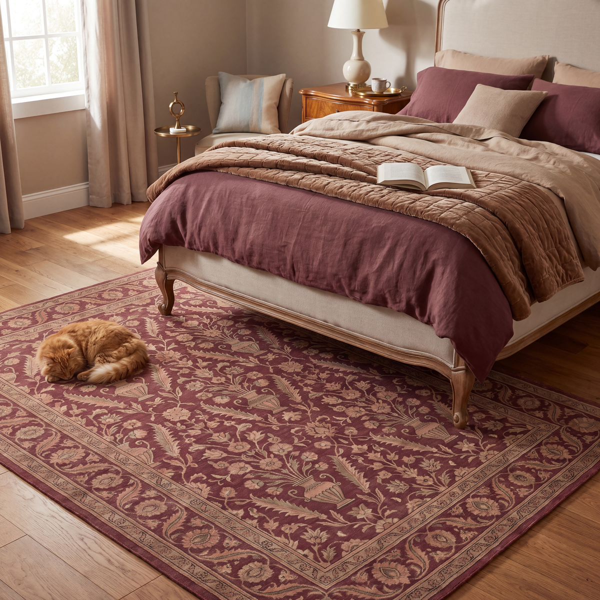 The rug at the foot of a bed with a cat asleep on it.