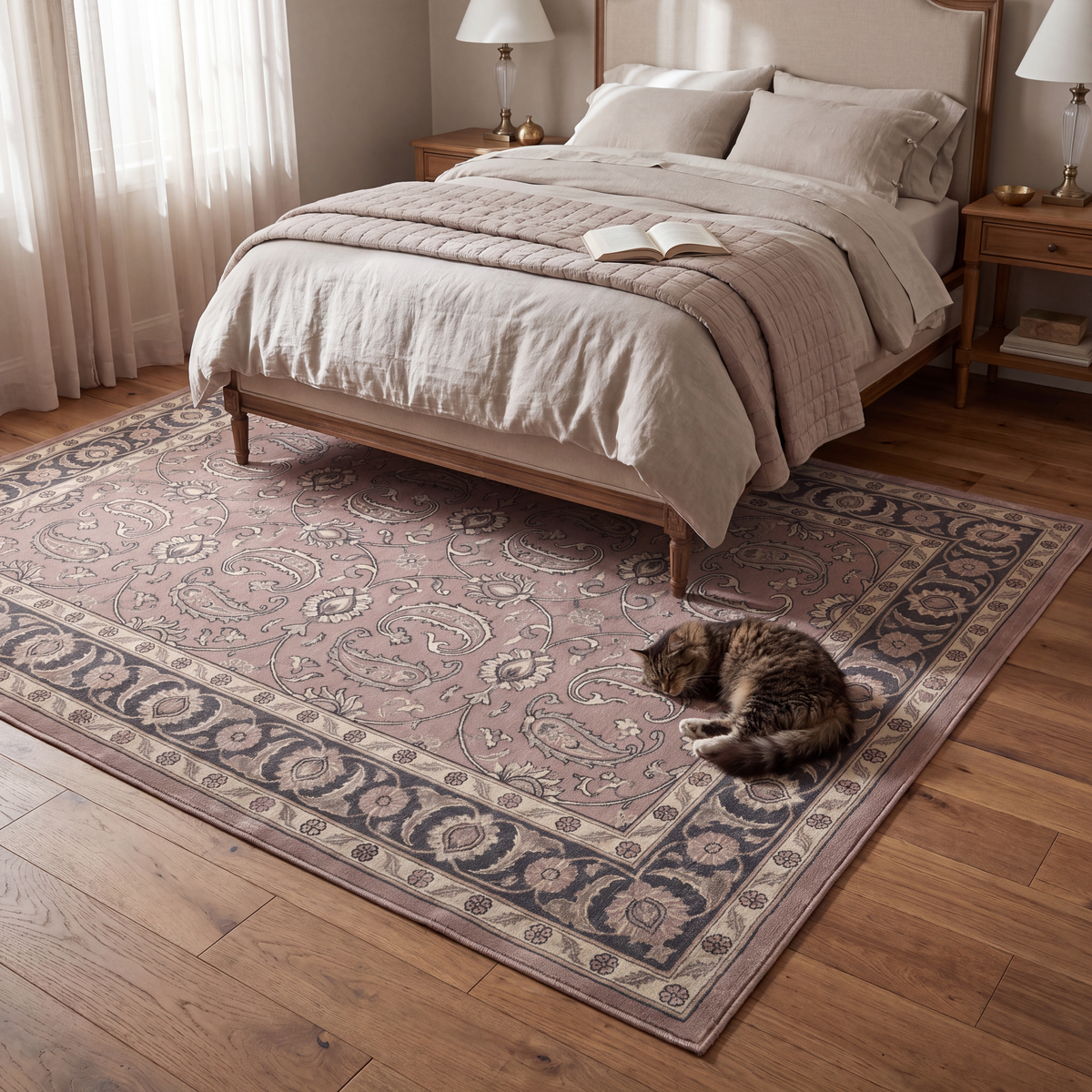 The rug at the foot of a bed with a cat asleep on it.