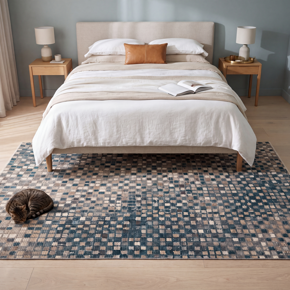 The rug at the foot of a bed with a cat asleep on it.