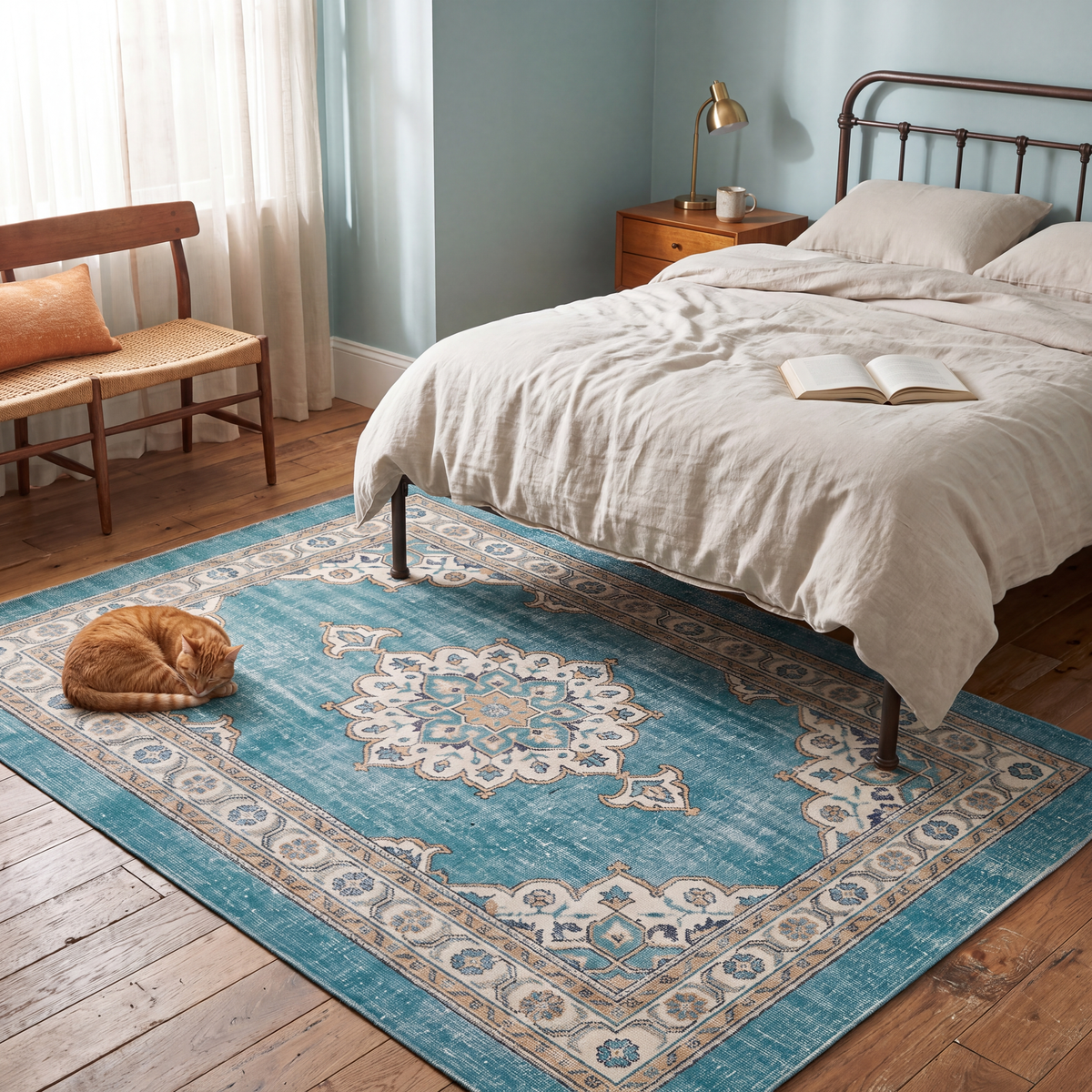 The rug at the foot of a bed with a cat asleep on it.