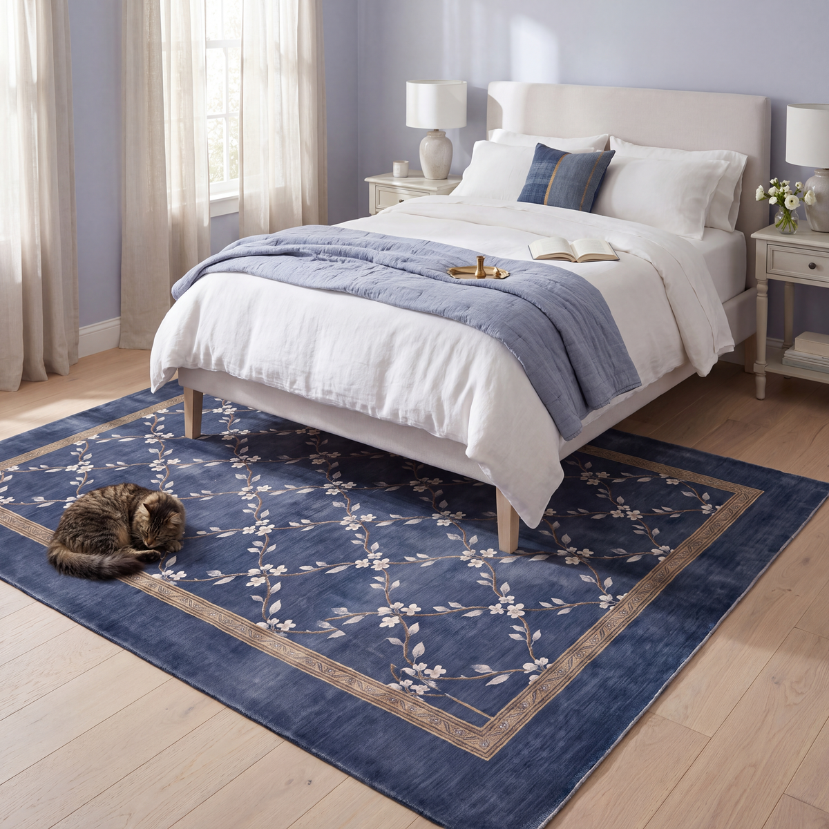 The rug at the foot of a bed with a cat asleep on it.