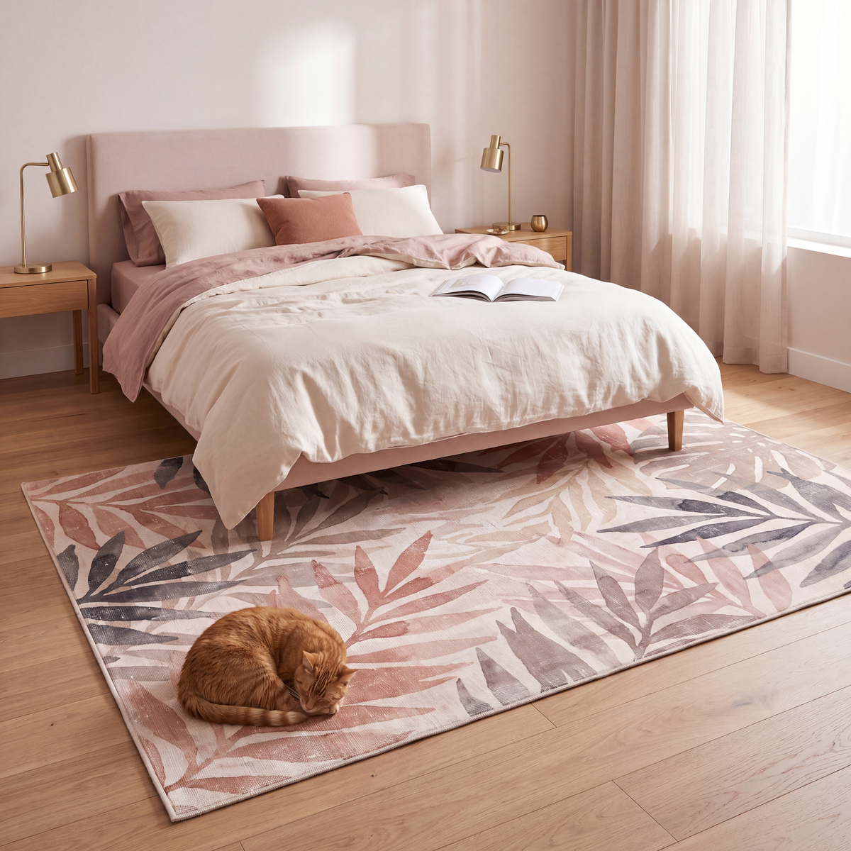 The rug at the foot of a bed with a cat asleep on it.