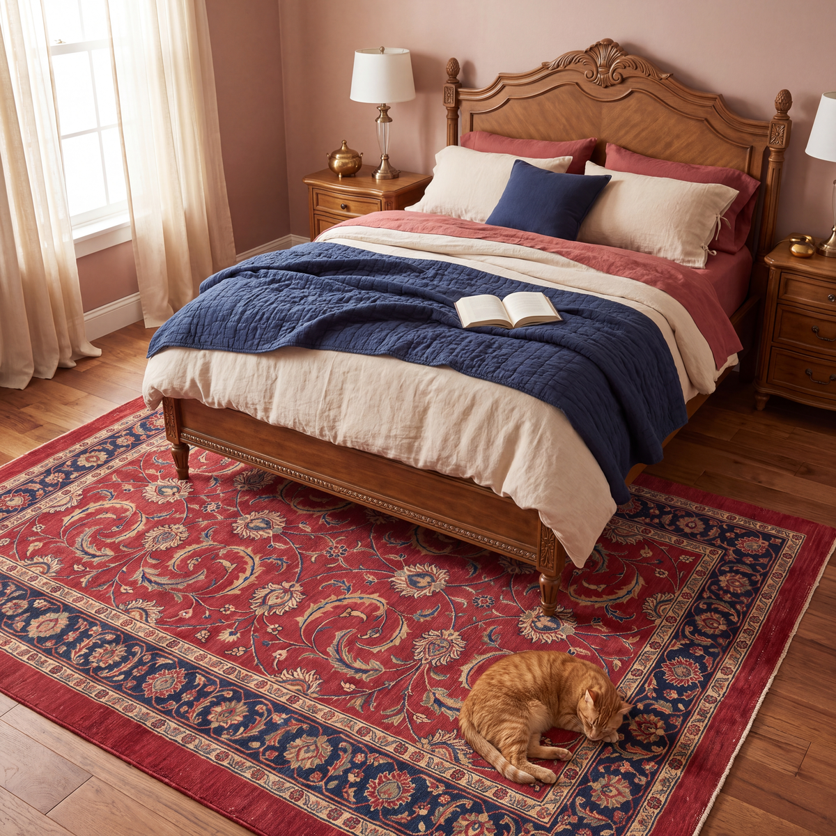The rug at the foot of a bed with a cat asleep on it.