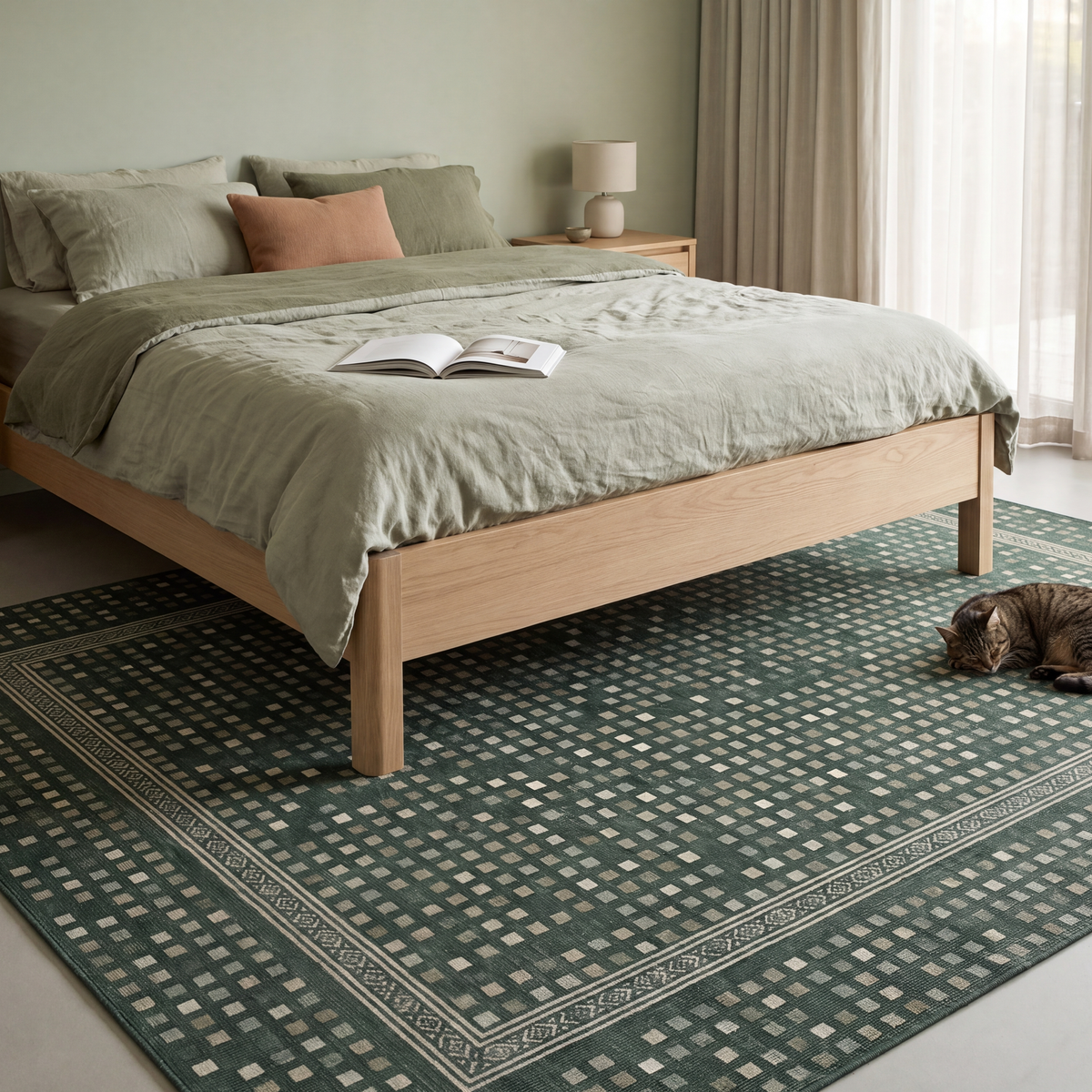 The rug at the foot of a bed with a cat asleep on it.