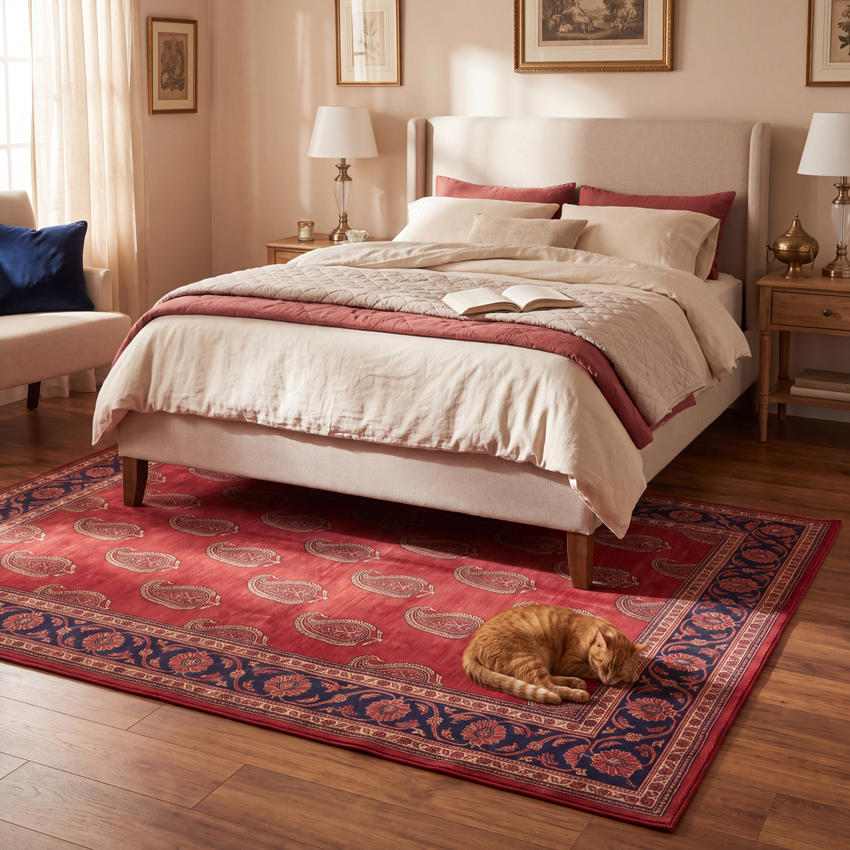 The rug at the foot of a bed with a cat asleep on it.