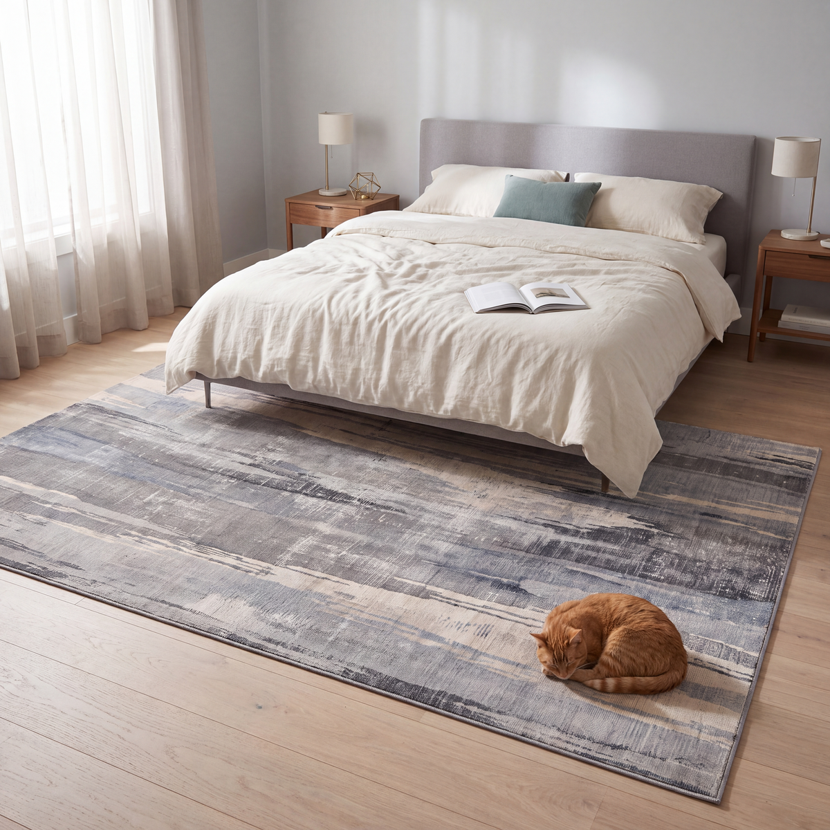 The rug at the foot of a bed with a cat asleep on it.