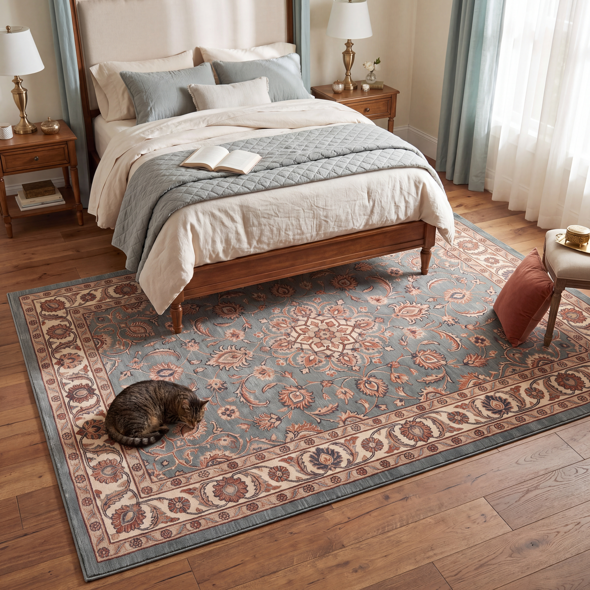 The rug at the foot of a bed with a cat asleep on it.