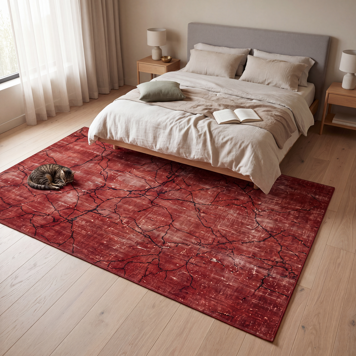 The rug at the foot of a bed with a cat asleep on it.