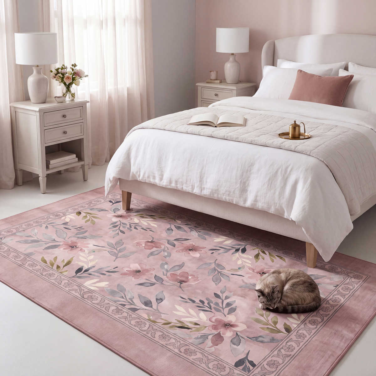 The rug at the foot of a bed with a cat asleep on it.
