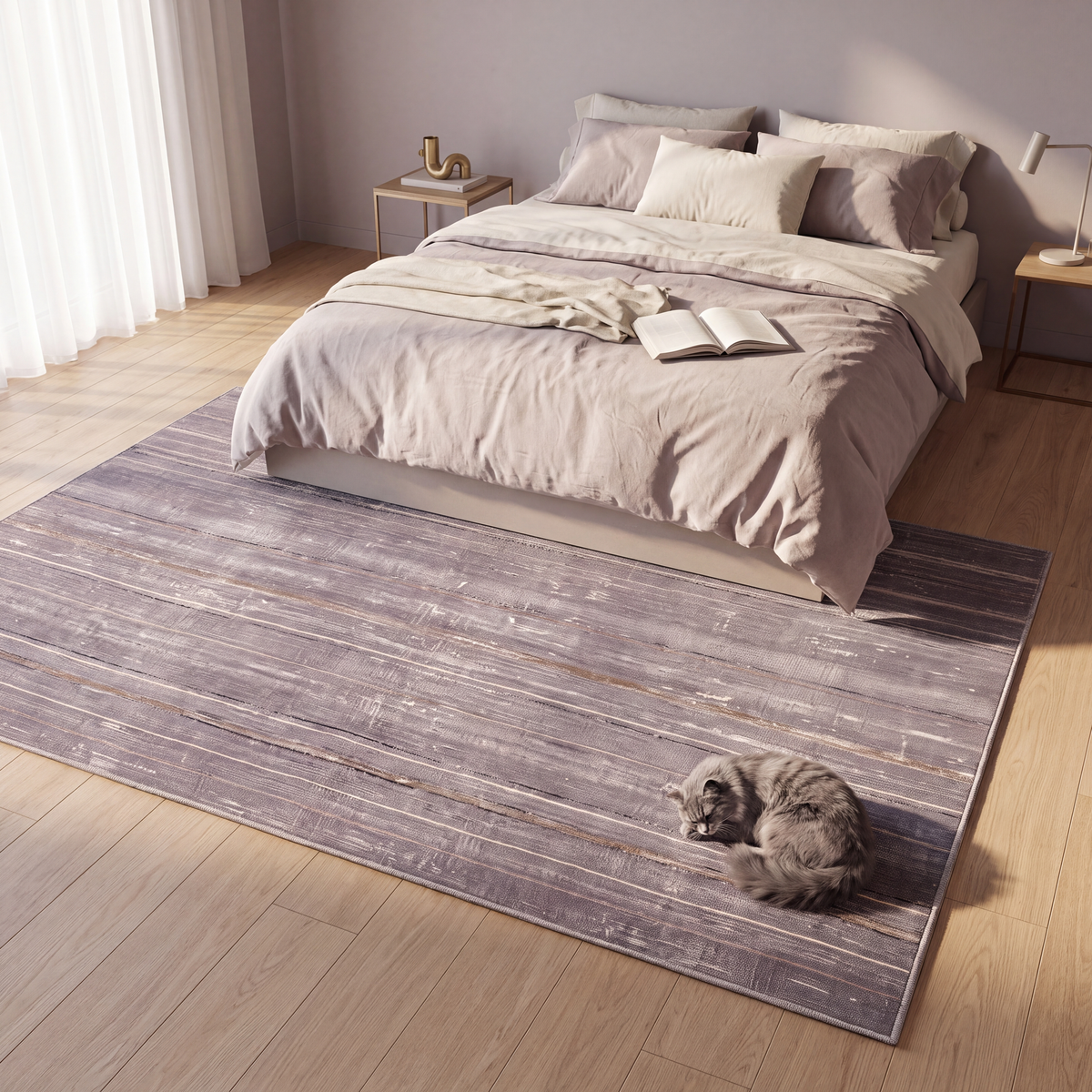 The rug at the foot of a bed with a cat asleep on it.