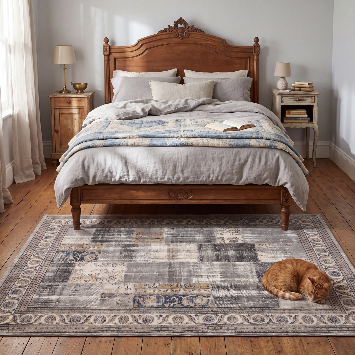 The rug at the foot of a bed with a cat asleep on it.