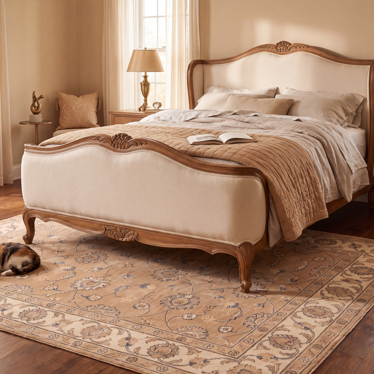 The rug at the foot of a bed with a cat asleep on it.