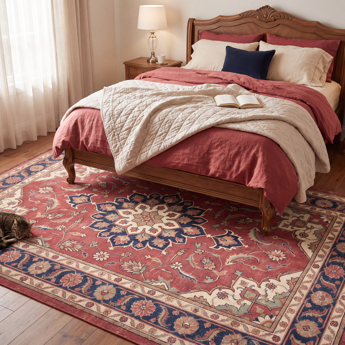 The rug at the foot of a bed with a cat asleep on it.