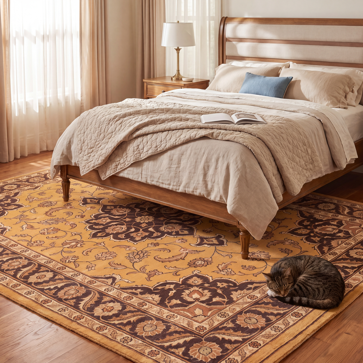 The rug at the foot of a bed with a cat asleep on it.