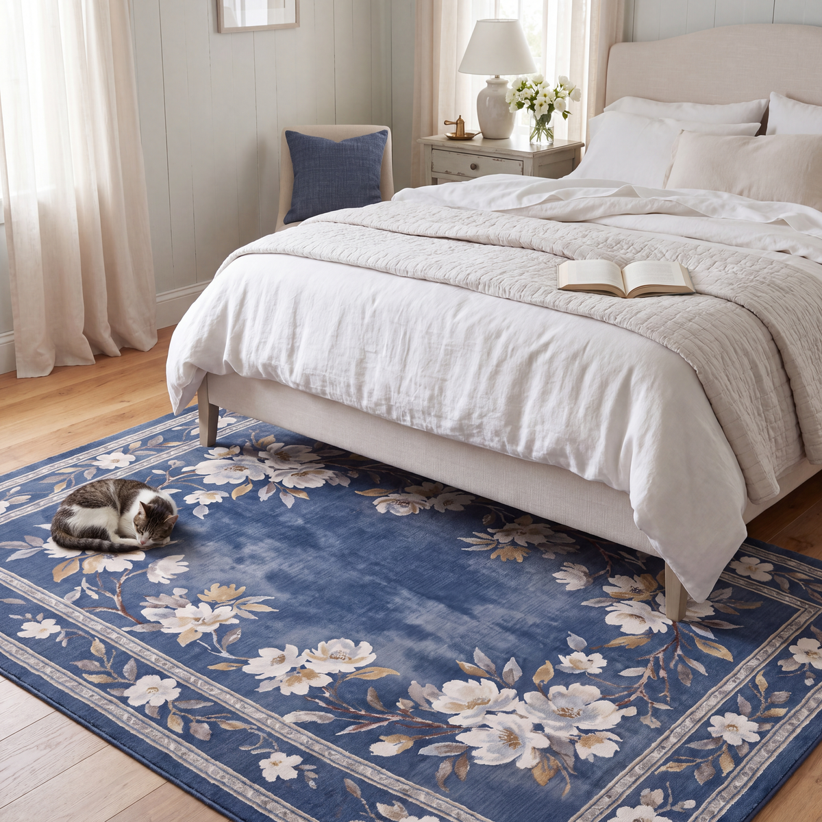 The rug at the foot of a bed with a cat asleep on it.