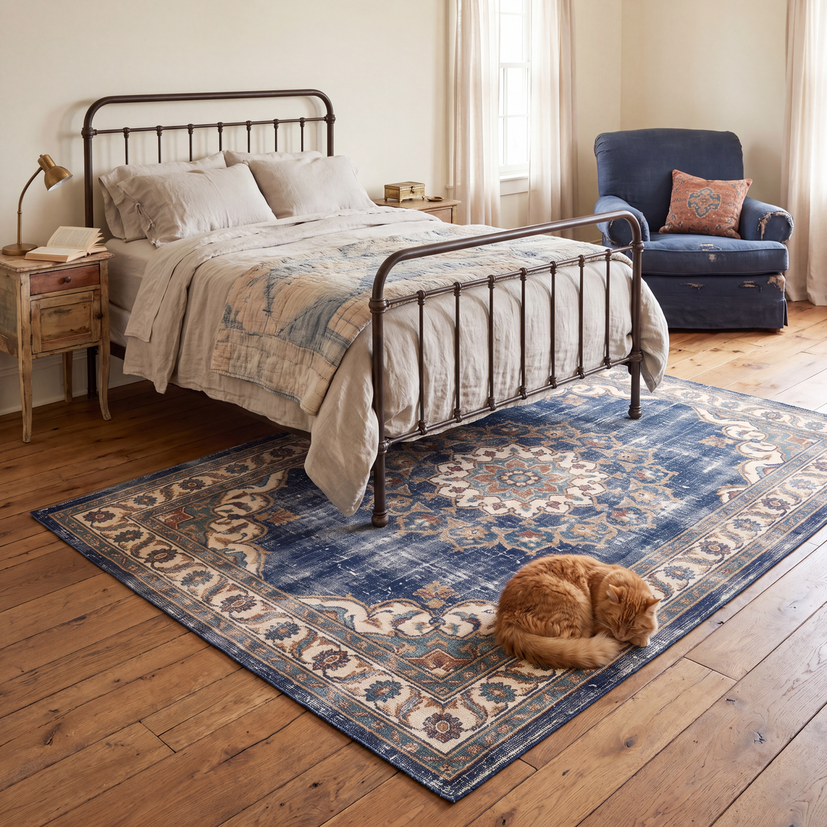 The rug at the foot of a bed with a cat asleep on it.