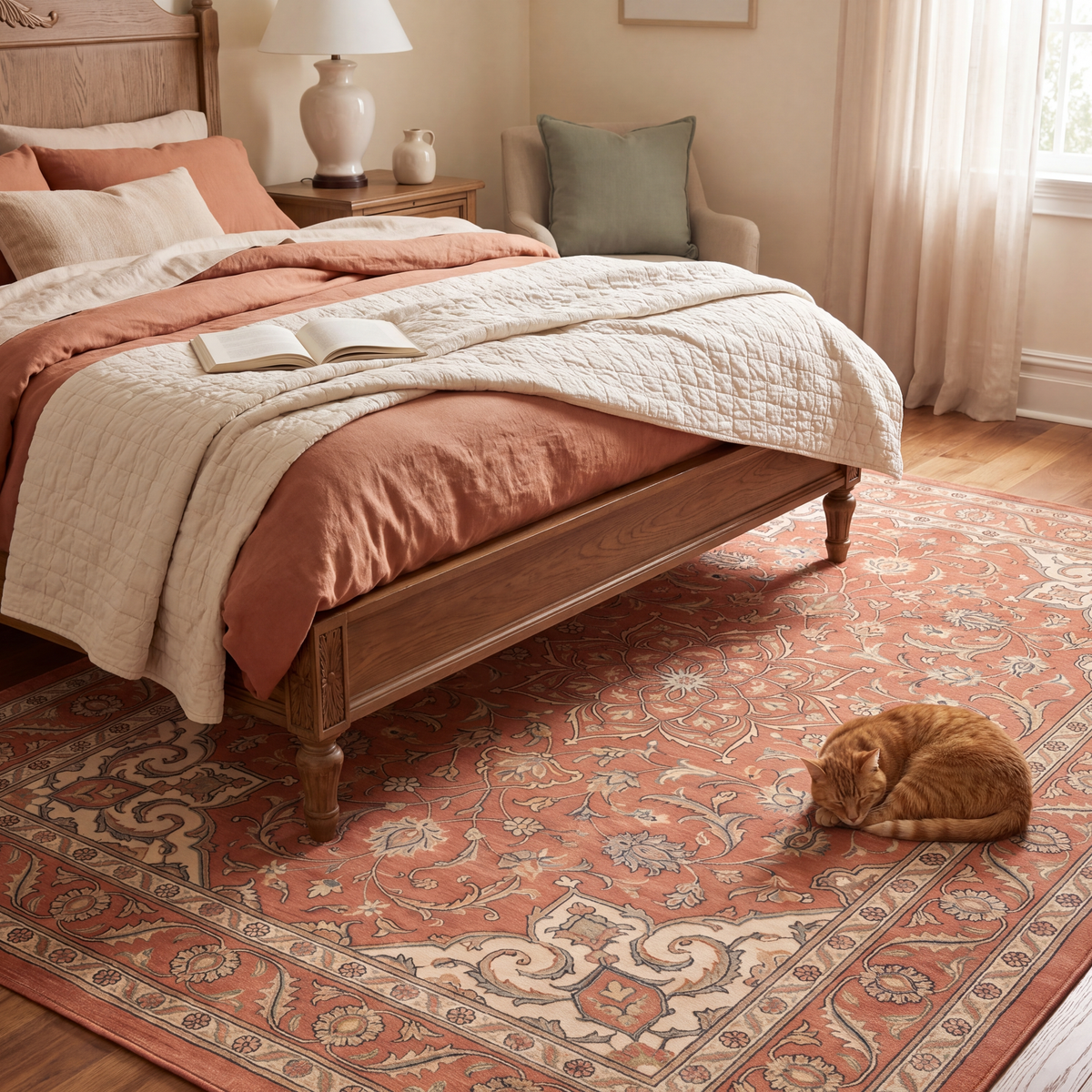 The rug at the foot of a bed with a cat asleep on it.