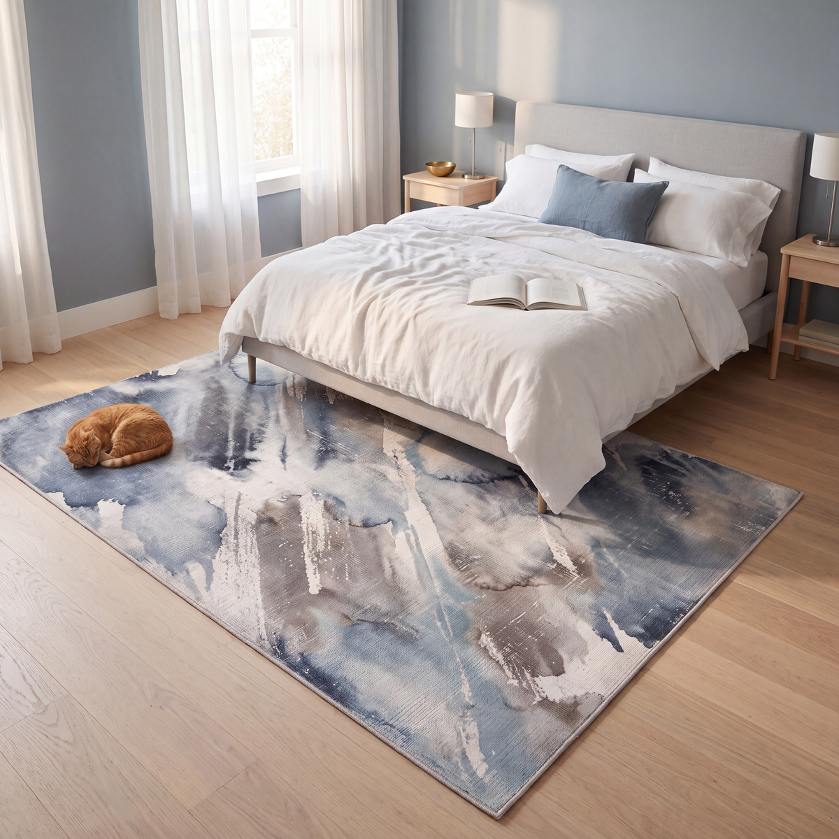 The rug at the foot of a bed with a cat asleep on it.