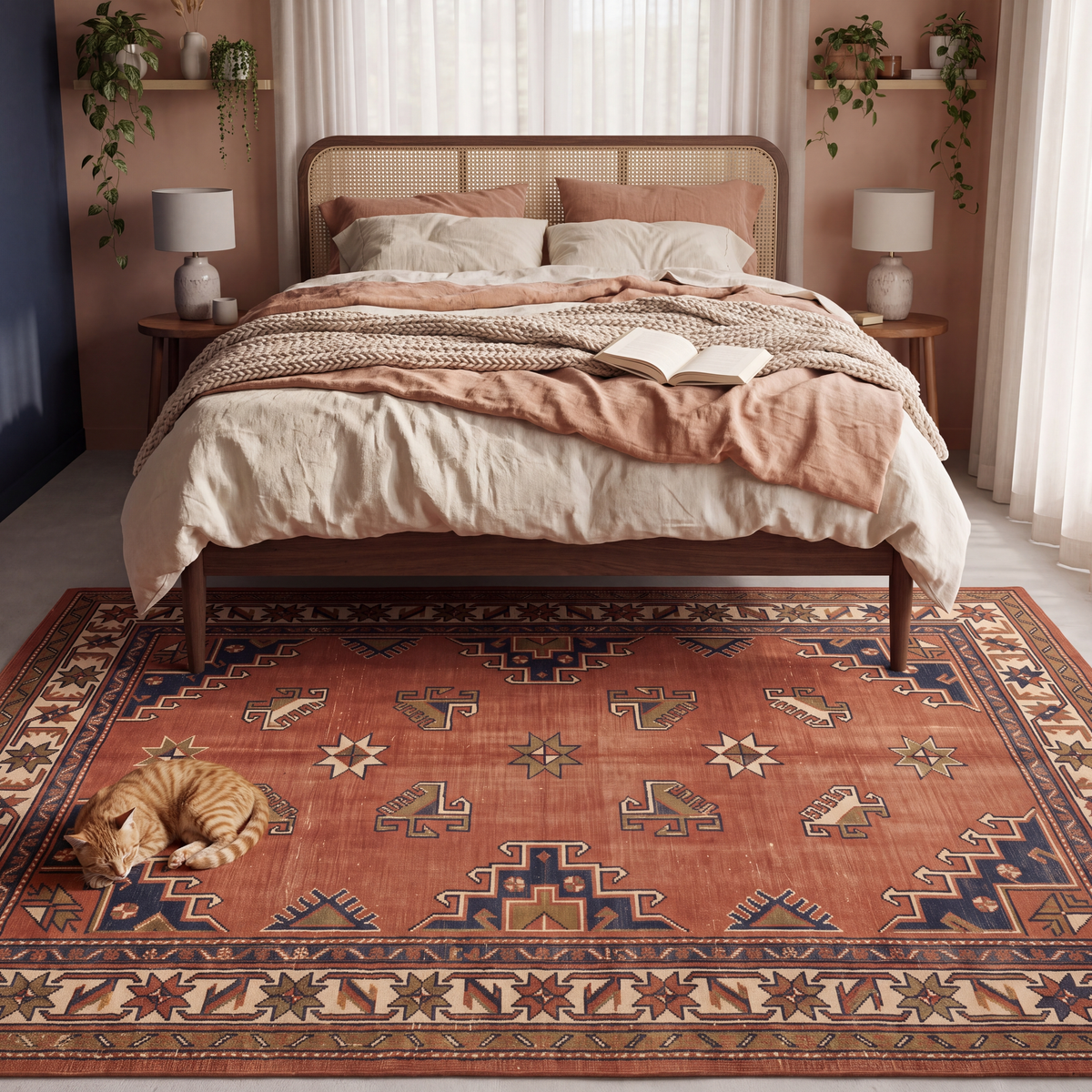 The rug at the foot of a bed with a cat asleep on it.