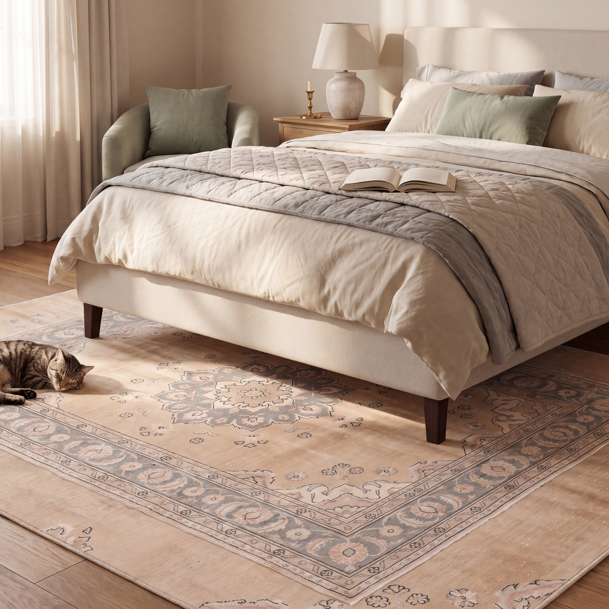 The rug at the foot of a bed with a cat asleep on it.