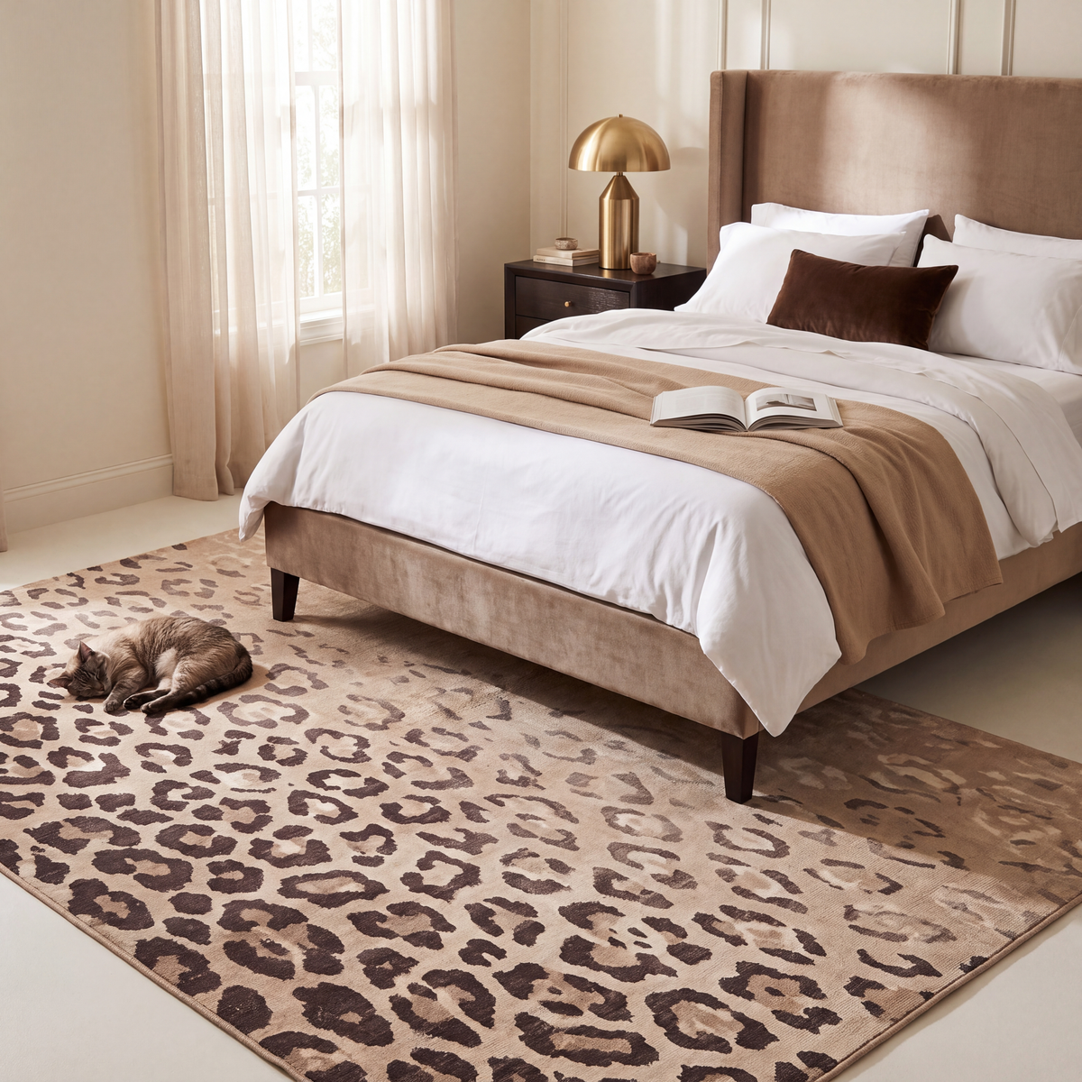 The rug at the foot of a bed with a cat asleep on it.