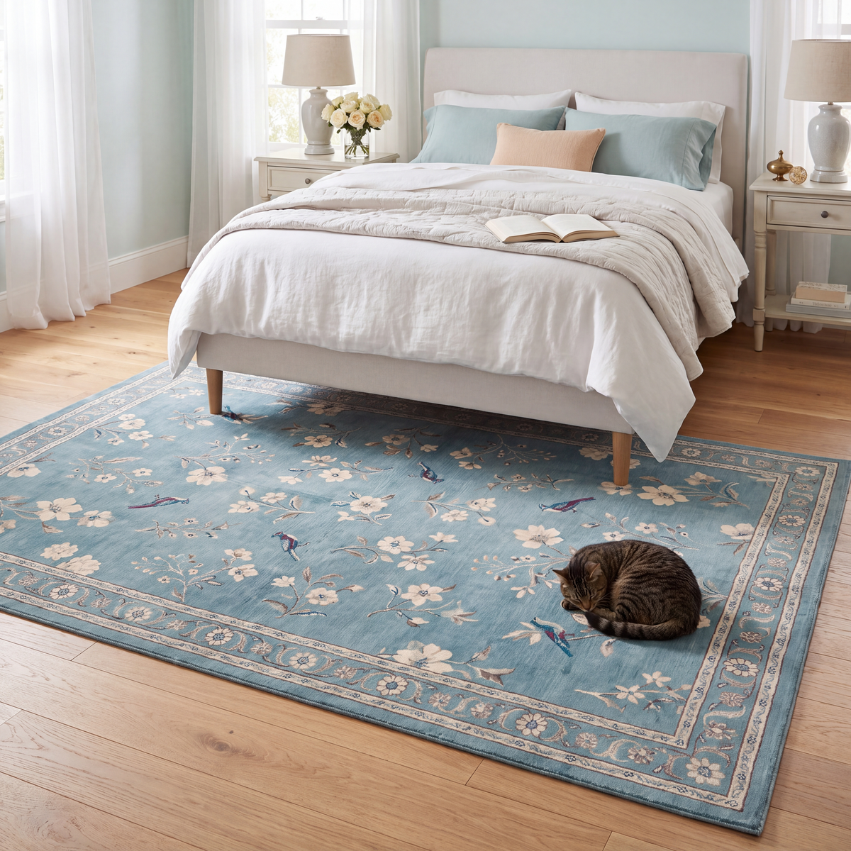 The rug at the foot of a bed with a cat asleep on it.