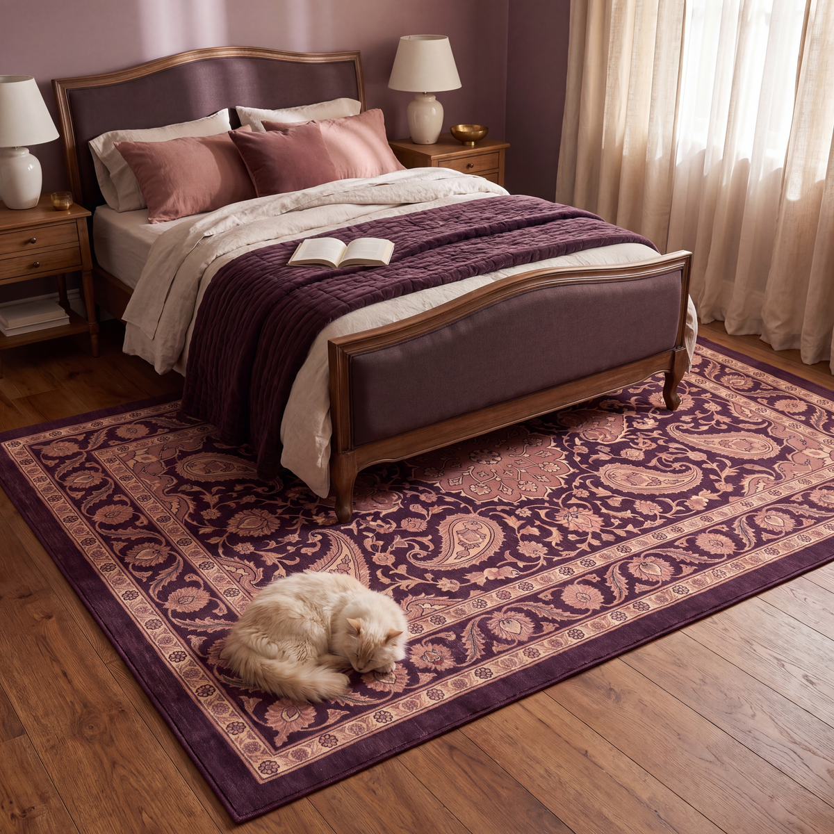 The rug at the foot of a bed with a cat asleep on it.