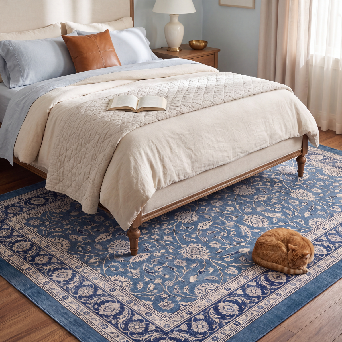 The rug at the foot of a bed with a cat asleep on it.