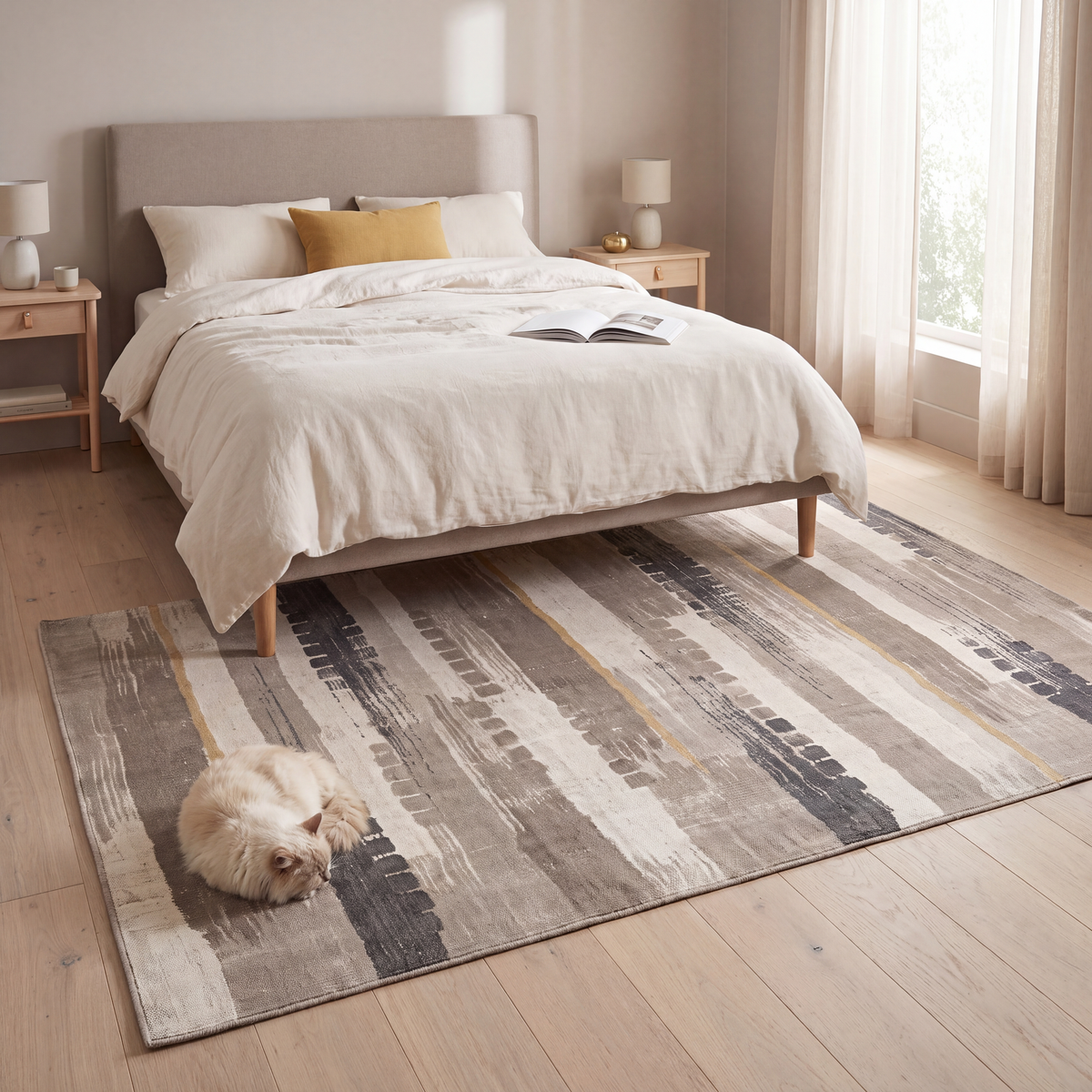 The rug at the foot of a bed with a cat asleep on it.