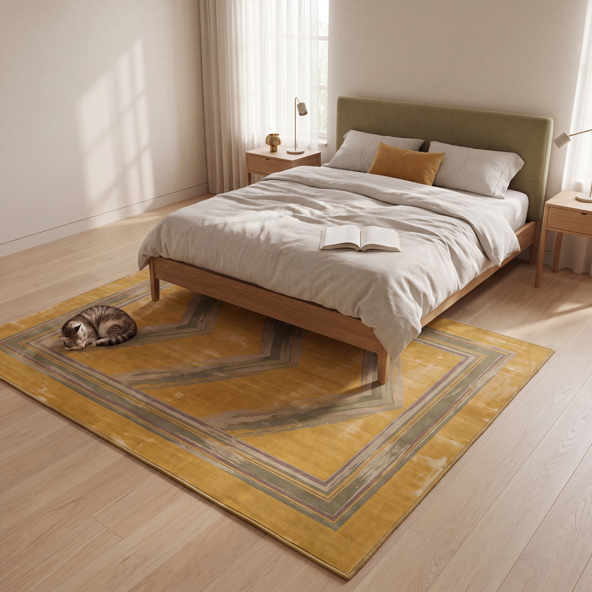 The rug at the foot of a bed with a cat asleep on it.