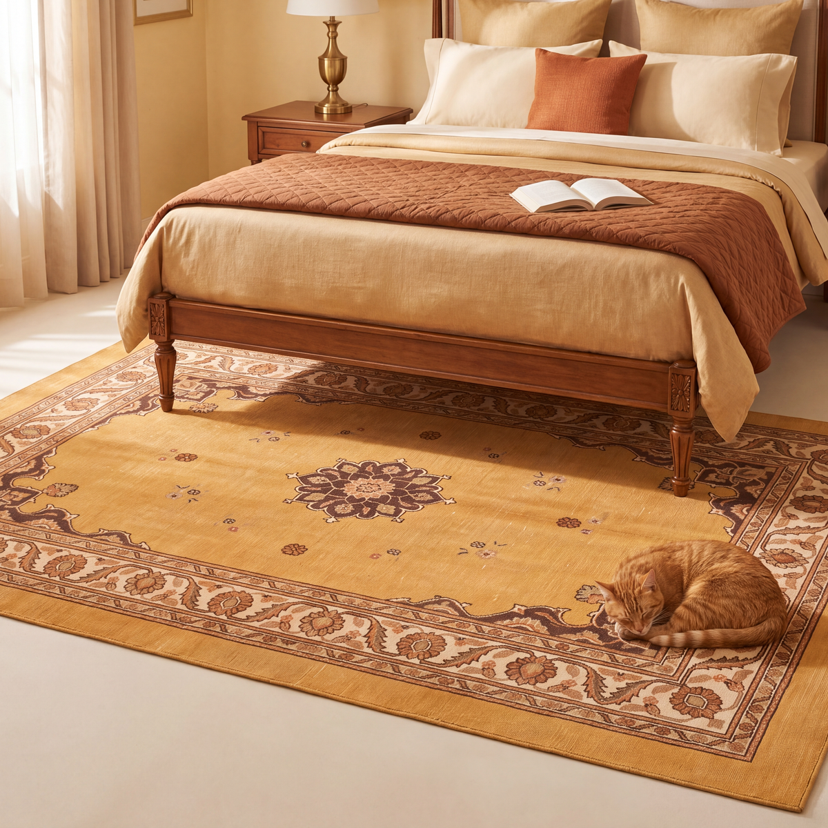 The rug at the foot of a bed with a cat asleep on it.