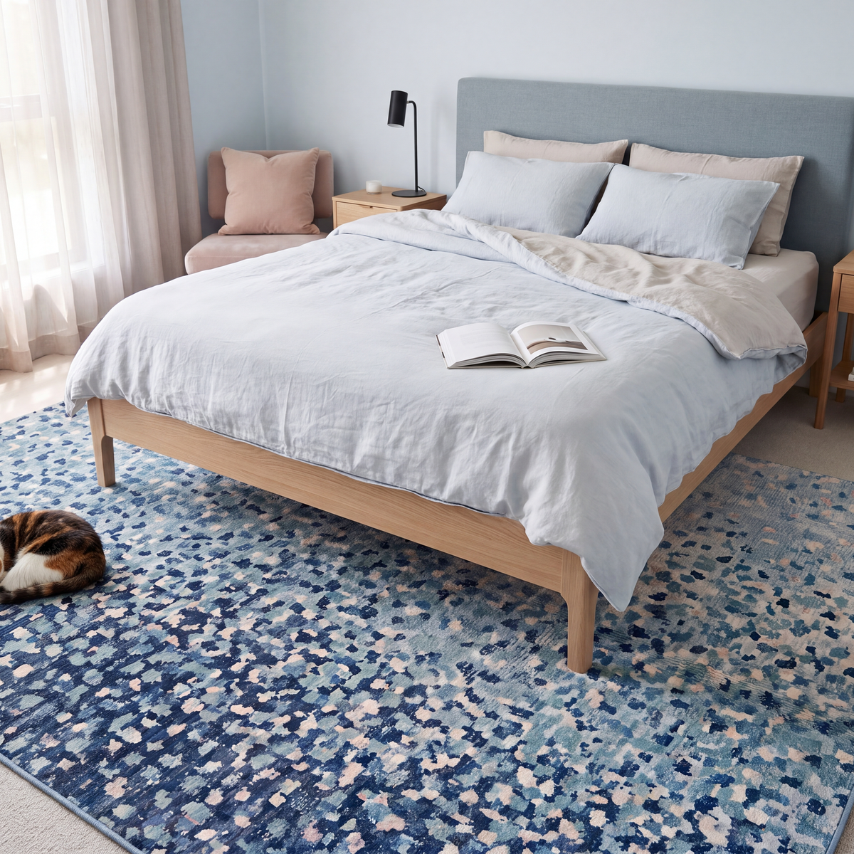 The rug at the foot of a bed with a cat asleep on it.