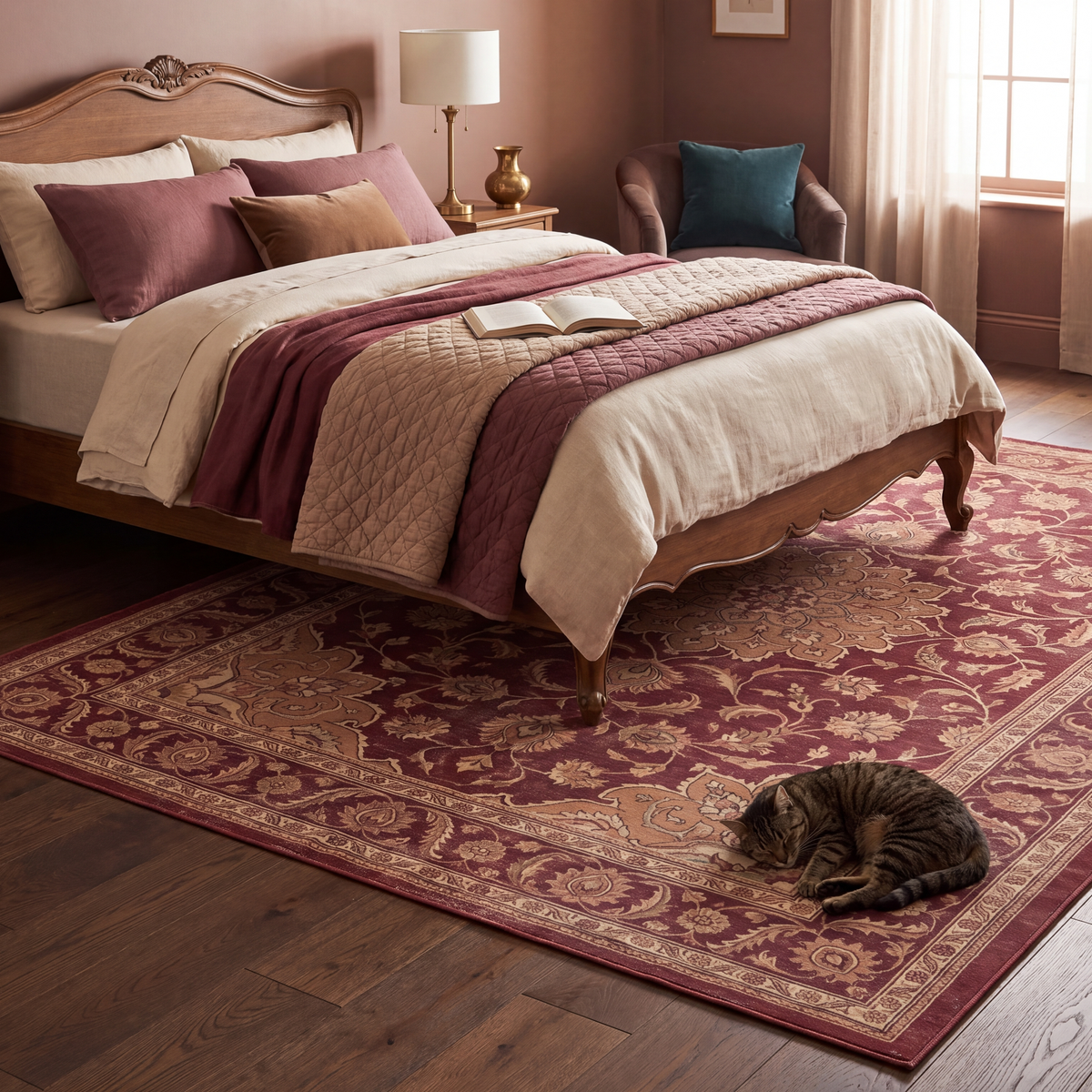 The rug at the foot of a bed with a cat asleep on it.