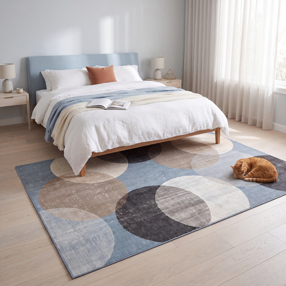 The rug at the foot of a bed with a cat asleep on it.