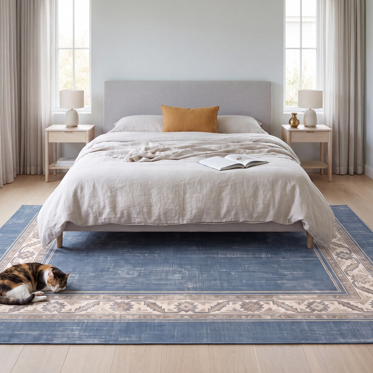 The rug at the foot of a bed with a cat asleep on it.