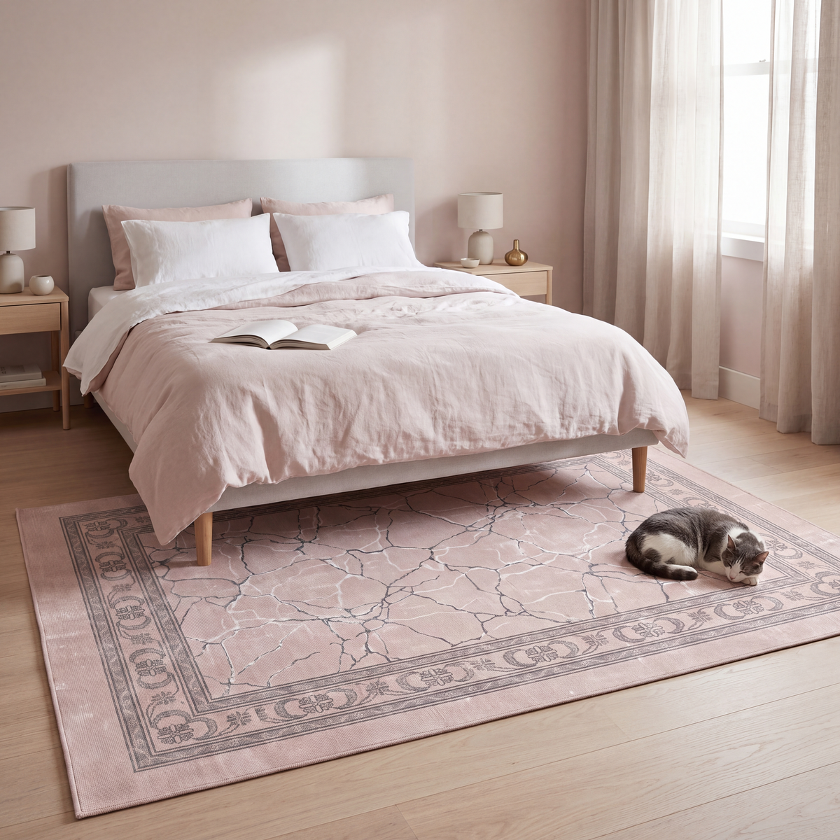 The rug at the foot of a bed with a cat asleep on it.