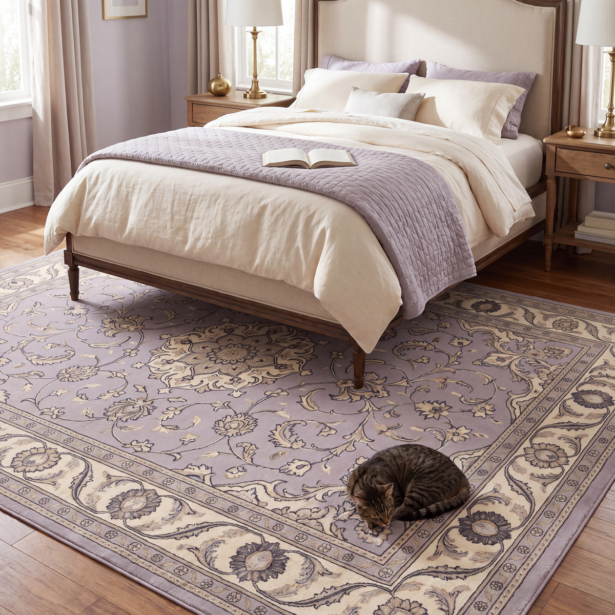 The rug at the foot of a bed with a cat asleep on it.