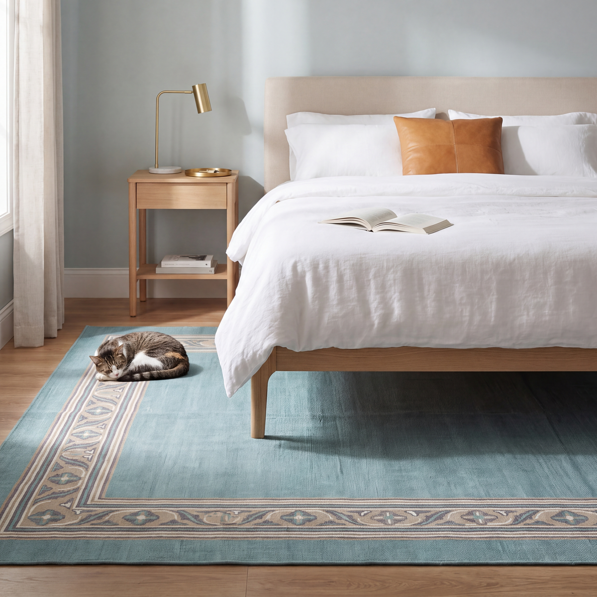 The rug at the foot of a bed with a cat asleep on it.