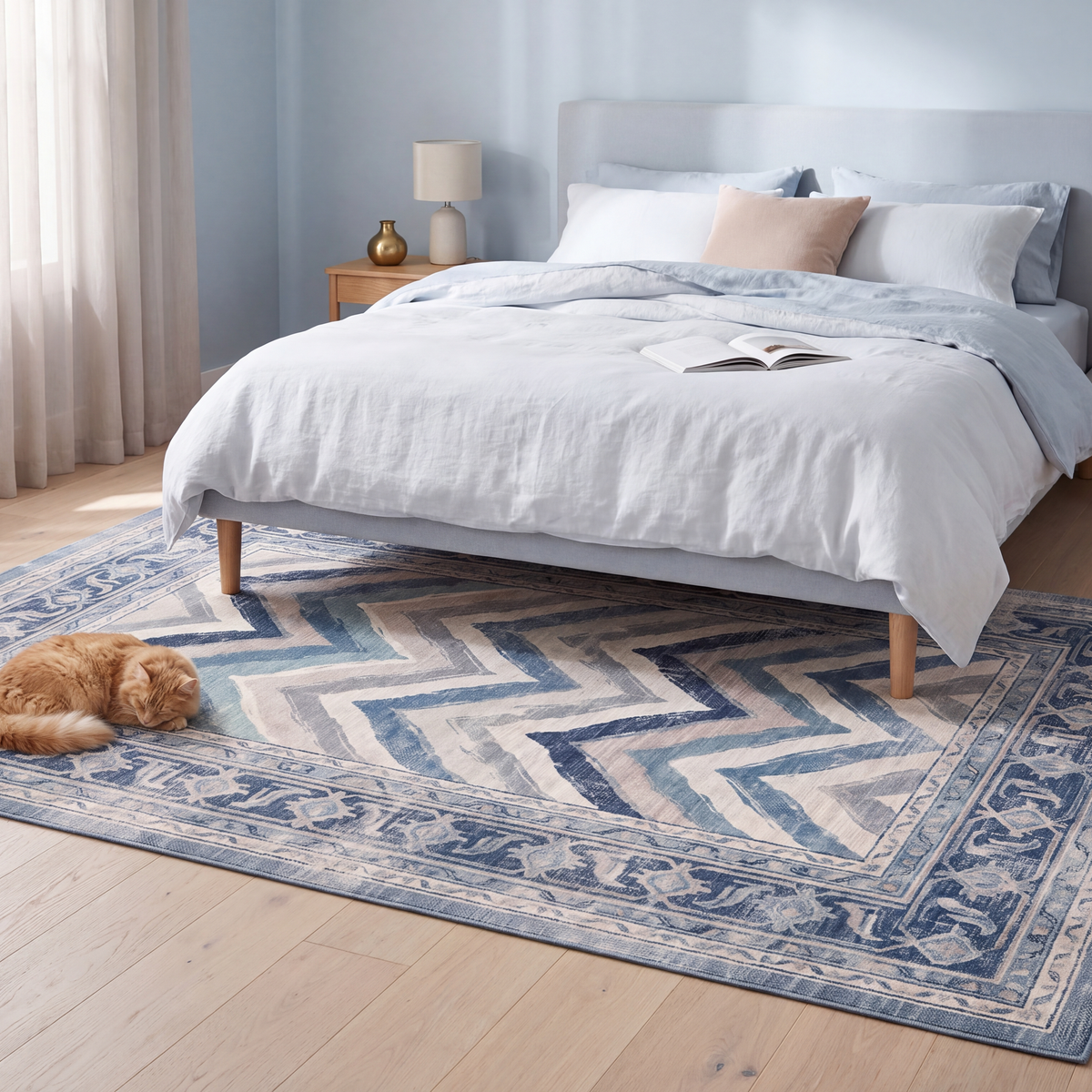 The rug at the foot of a bed with a cat asleep on it.