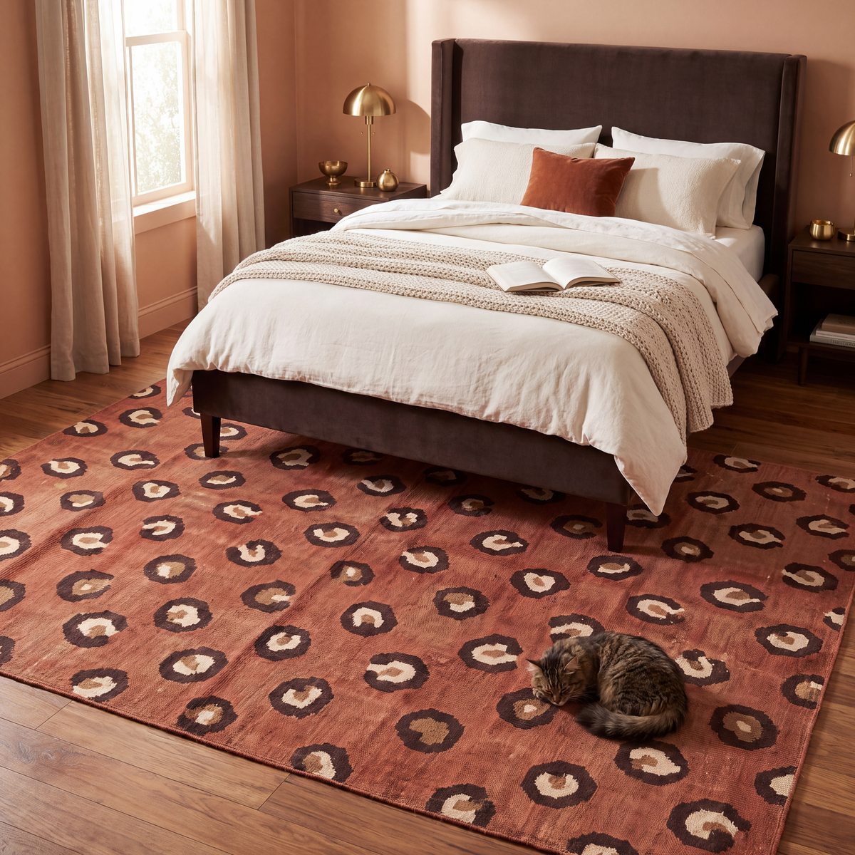 The rug at the foot of a bed with a cat asleep on it.
