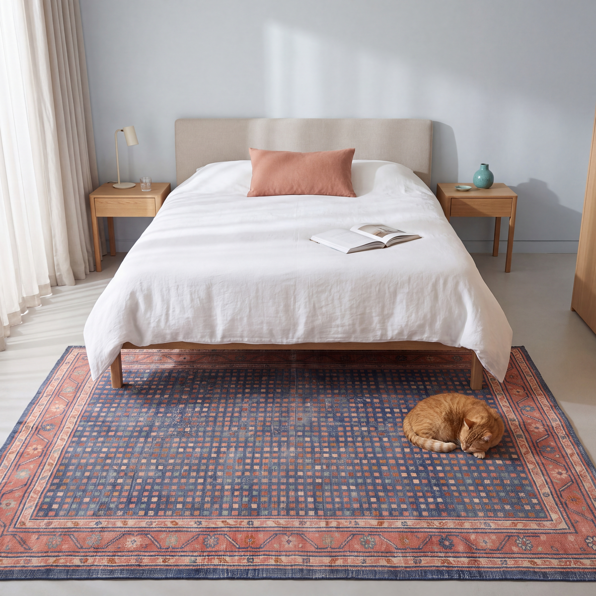 The rug at the foot of a bed with a cat asleep on it.