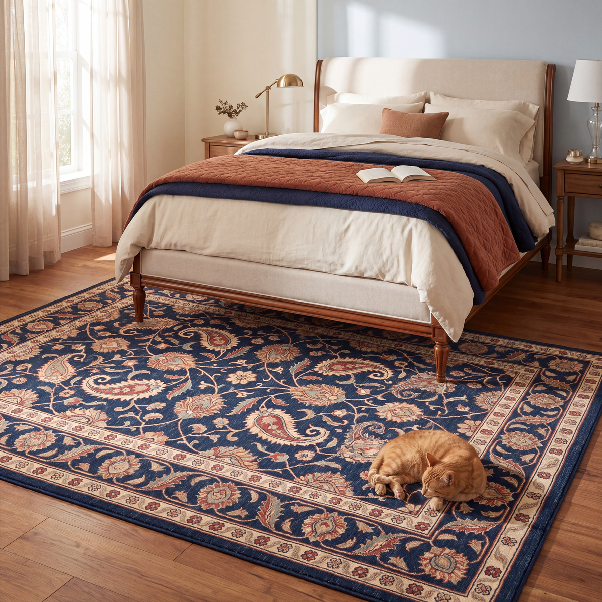 The rug at the foot of a bed with a cat asleep on it.