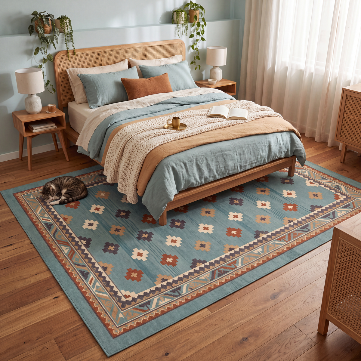 The rug at the foot of a bed with a cat asleep on it.