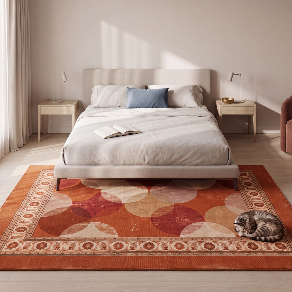 The rug at the foot of a bed with a cat asleep on it.