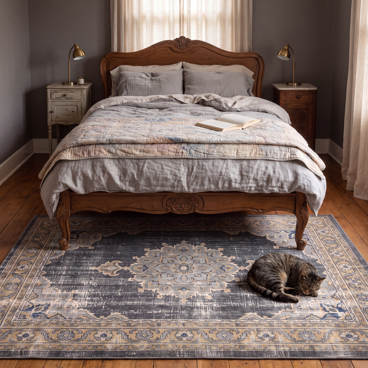 The rug at the foot of a bed with a cat asleep on it.