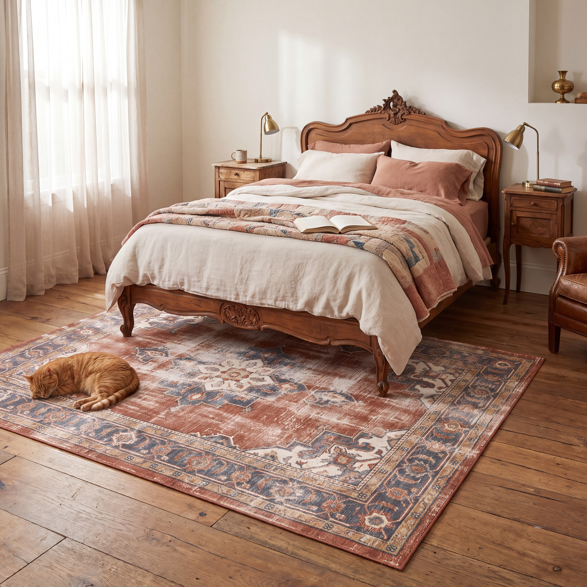 The rug at the foot of a bed with a cat asleep on it.